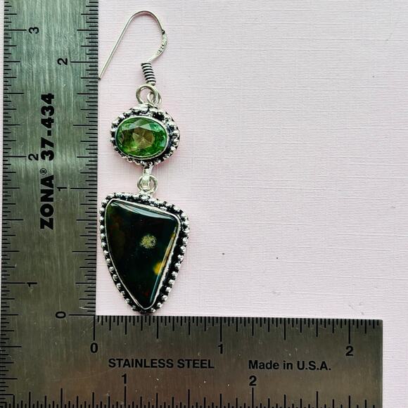 925 Sterling Bloodstone & Peridot  Dangle Earrings - Picture 4 of 6